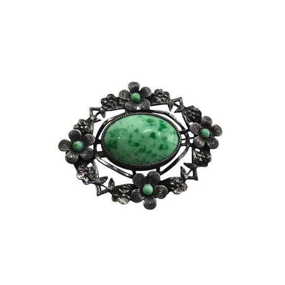 Gorgeous Mottled Green Stone Czech Brooch (A7054) - Picture 1 of 4